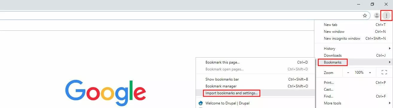 Image: Standard menu of Google Chrome
