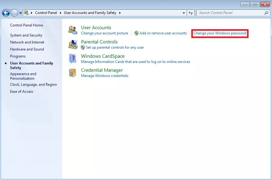 Image: Windows 7 “User Accounts and Family Safety” menu