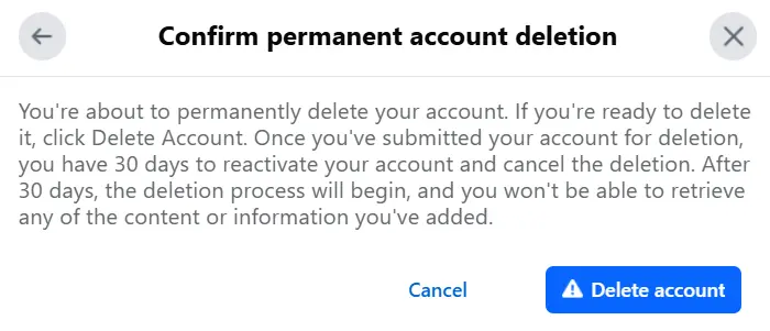 Image: Facebook: Confirm account deletion