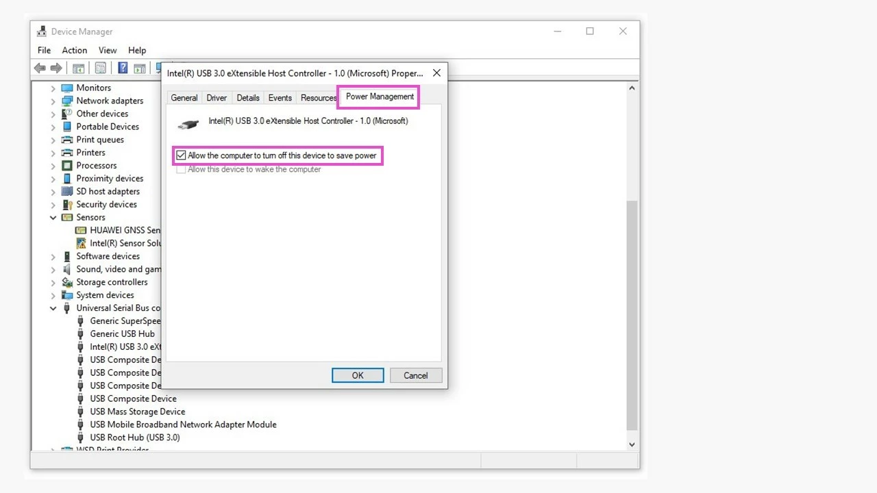 Image: Windows Device Manager: Properties window showing “Power Management” 