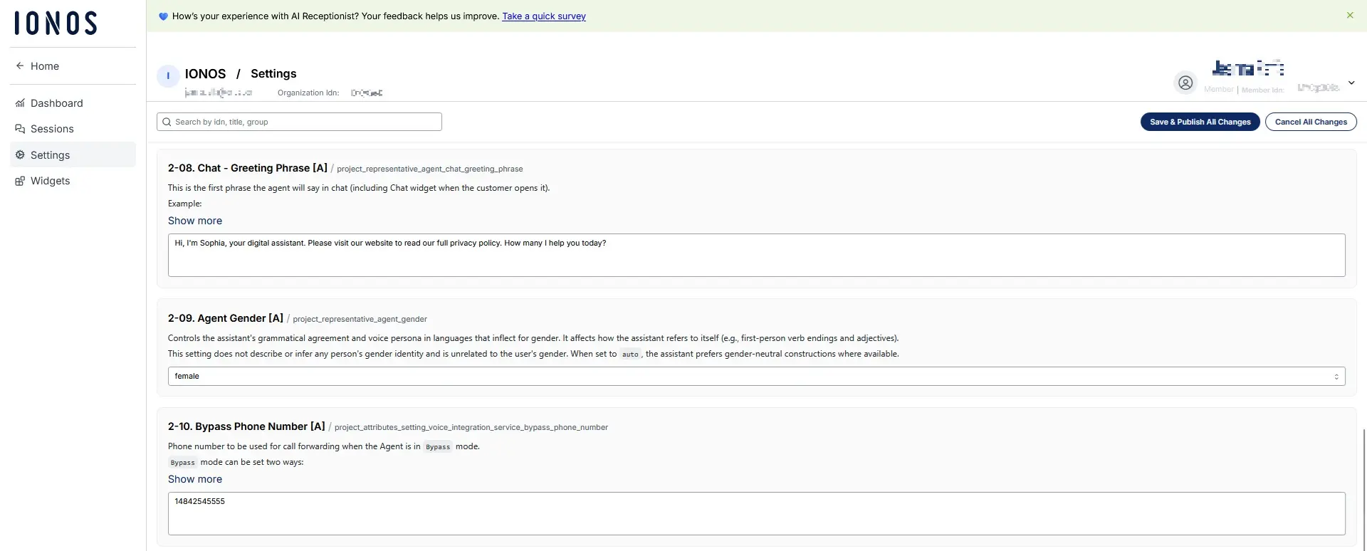 Image: Screenshot of the IONOS AI Receptionist