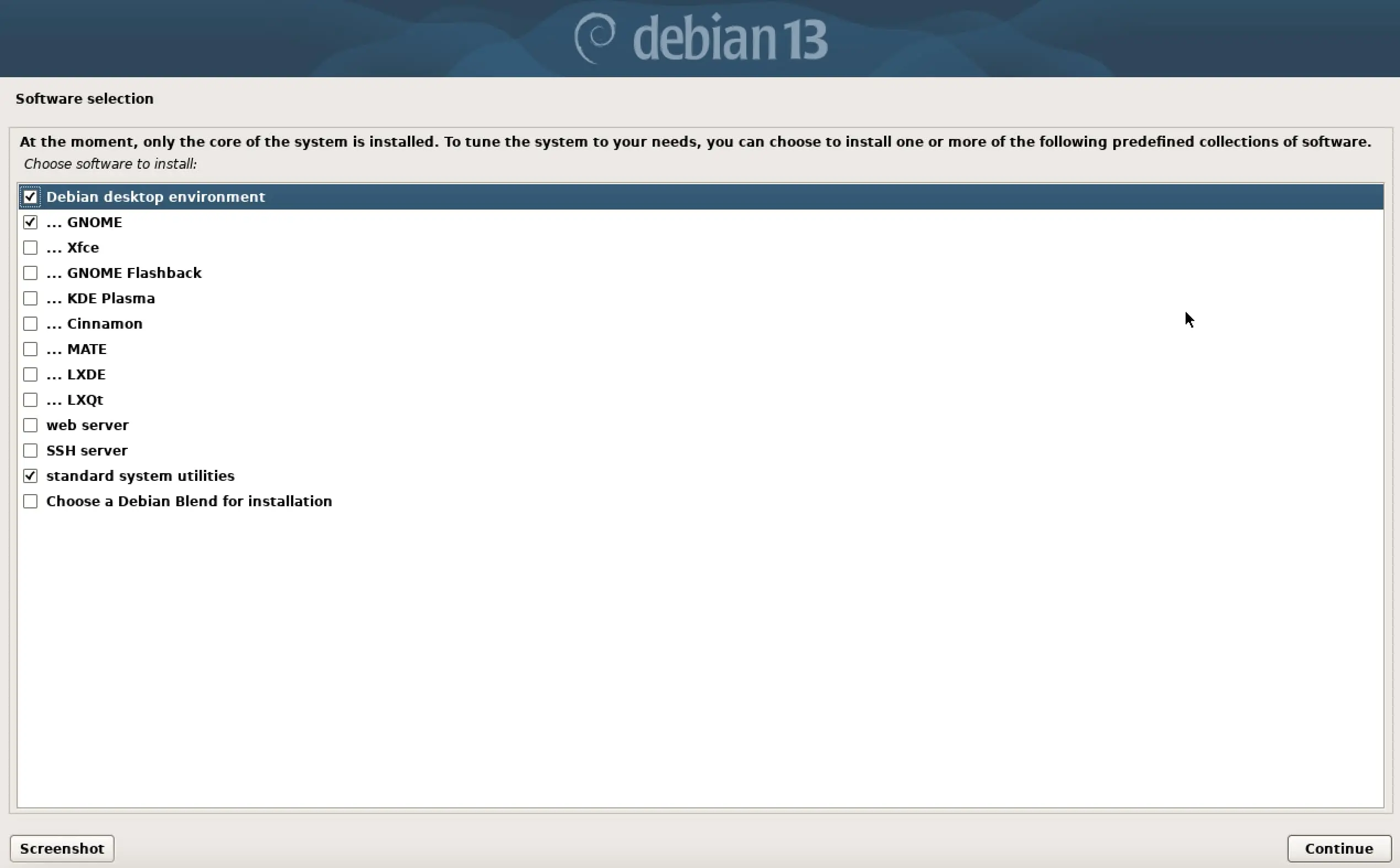 Image: Screenshot of Debian 13 installation: Software Selection