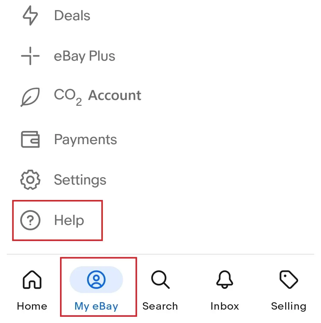 Screenshot of the help option in the Android version of the My eBay app menu Image: Screenshot of the help option in the Android version of the My eBay app menu