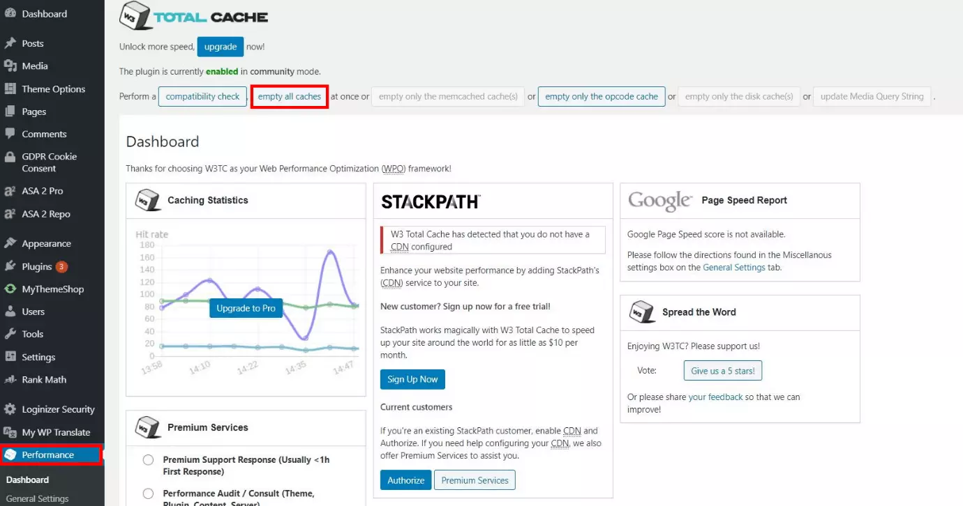 Image: Settings page in W3 Total Cache with button for clearing the cache
