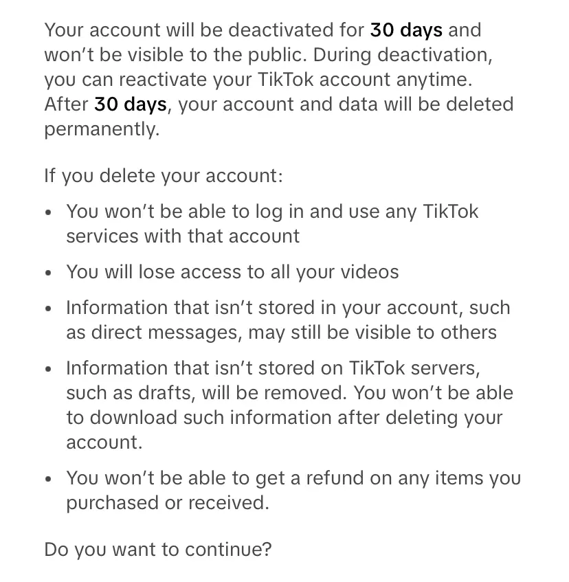 Image: Information about deleting a TikTok account