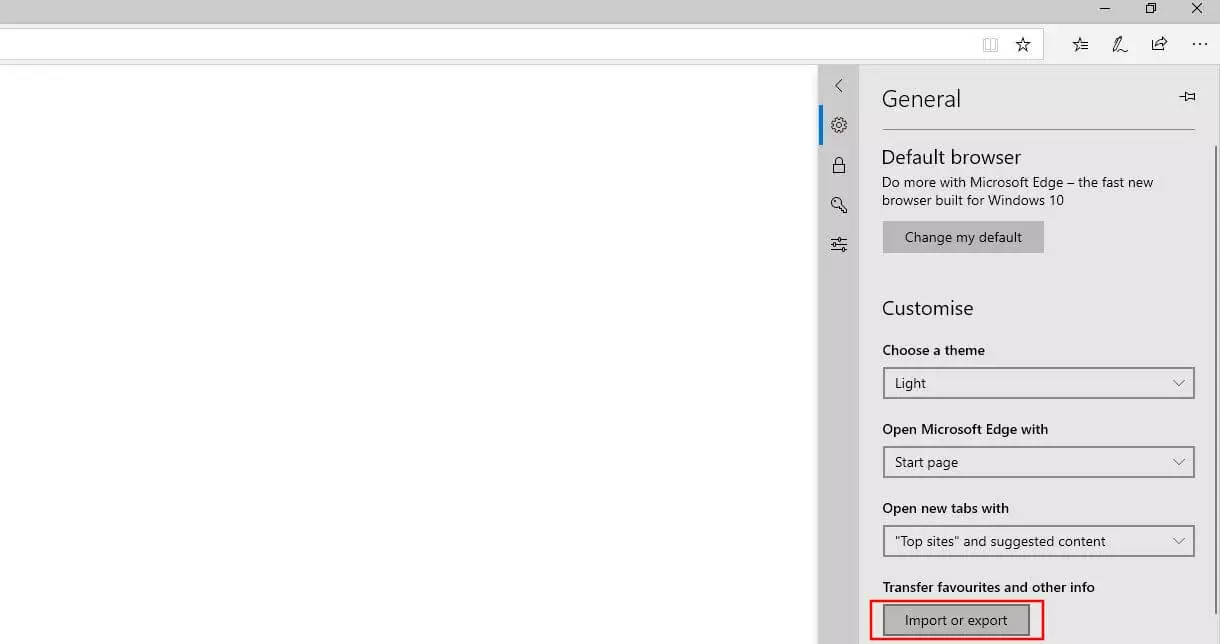 Image: “General” menu in Microsoft Edge