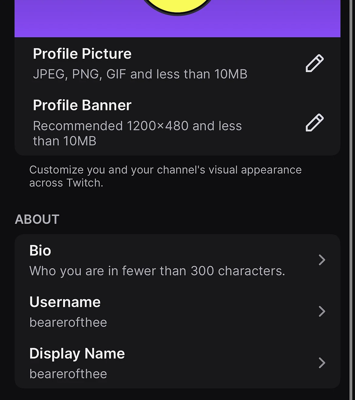 Image: ‘Edit Profile’ menu in the Twitch app