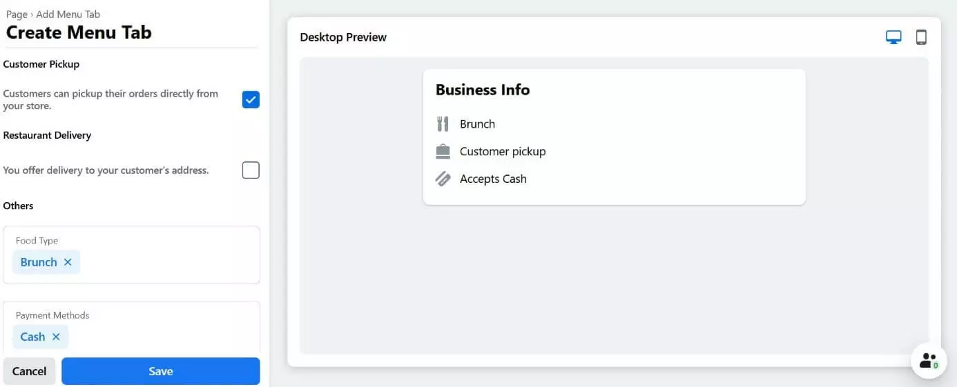 Inserting a menu in Facebook