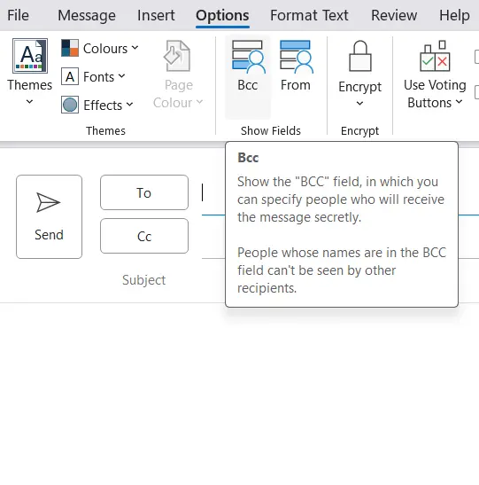 Image: Outlook: Outlook 2016: The Bcc button in the Options tab