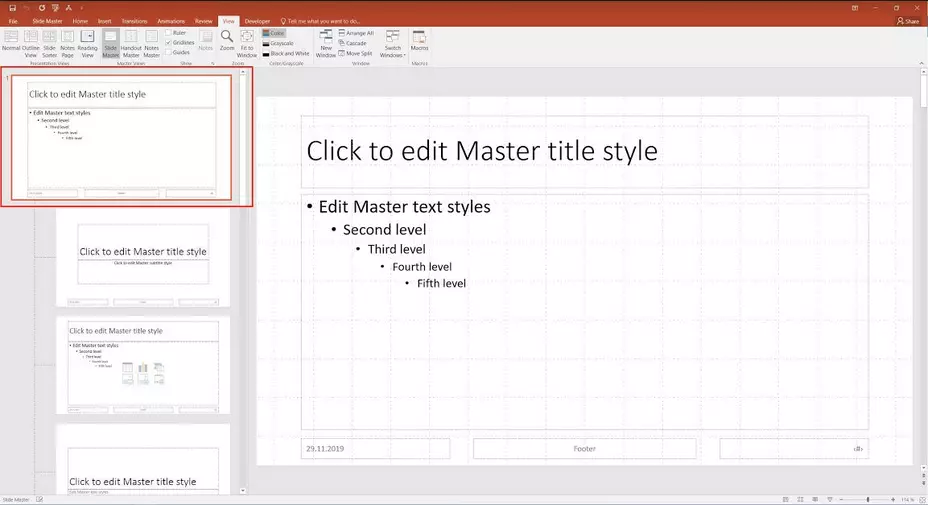 Image: Slide master (top slide) in PowerPoint 2019