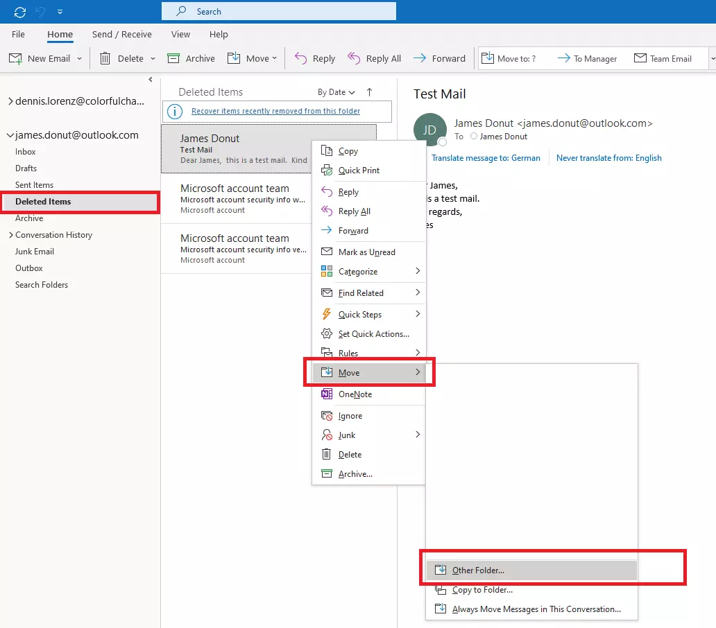 Image: Context menu of an email in the folder ‘Deleted items’