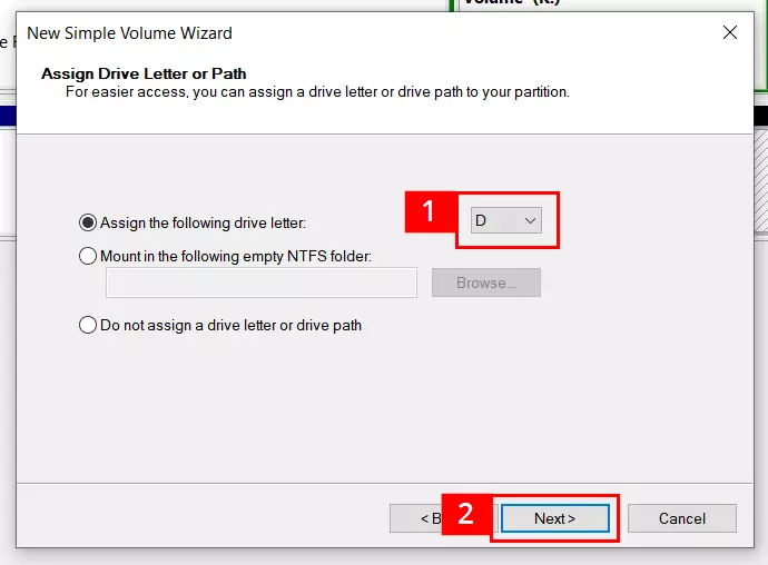 Dialog box for assigning drive letter or path in the New Simple Volume Wizard