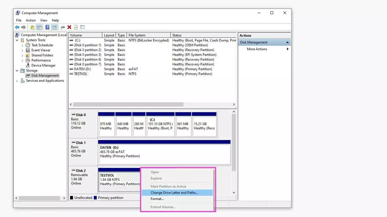 Image: Active context menu in Windows Disk Management 