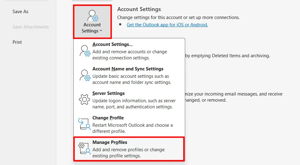 Image: Manage profiles in Outlook