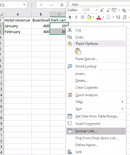 Selected cells in Excel and ‘Format Cells’ menu
