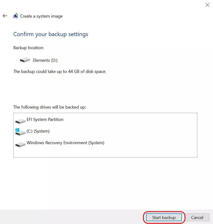 “Start backup” to start the backup