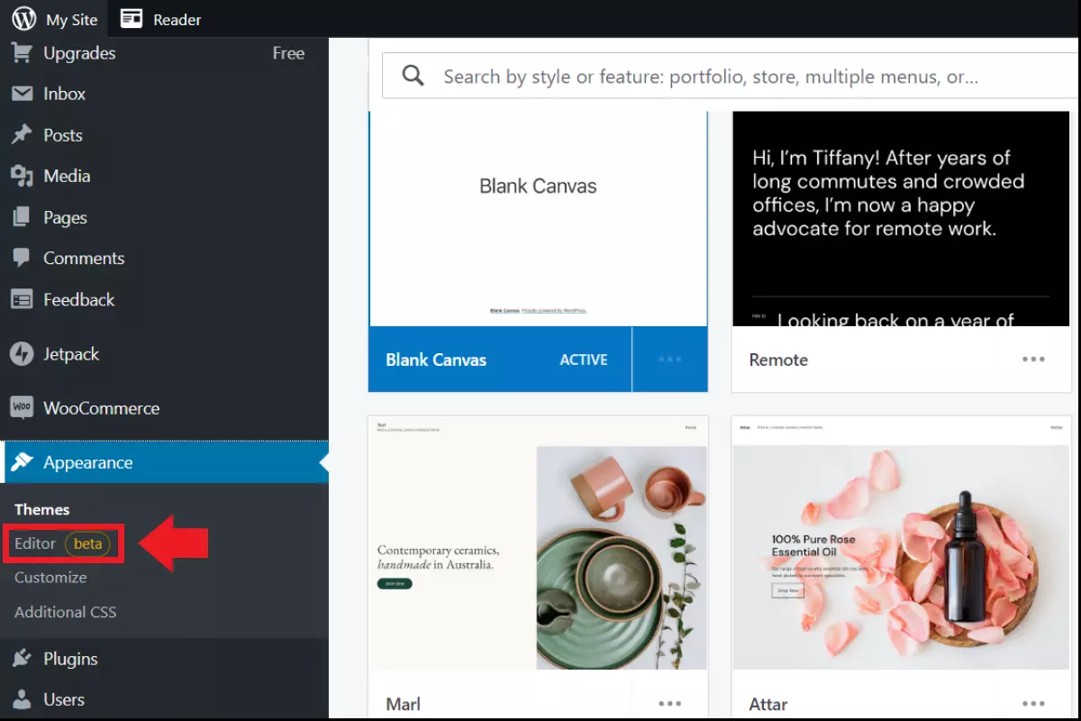 The ‘Editor’ dashboard option under ‘Design’ The ‘Editor’ dashboard option under ‘Design’