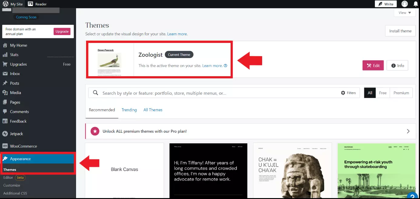 Image: The WordPress page in the dashboard with all WordPress themes installed