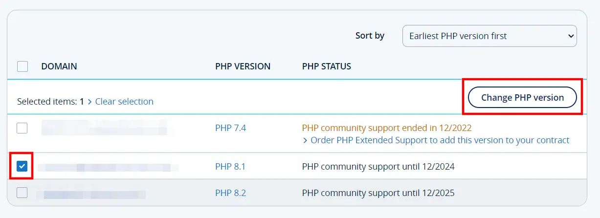 Image: PHP status of domains in IONOS customer account