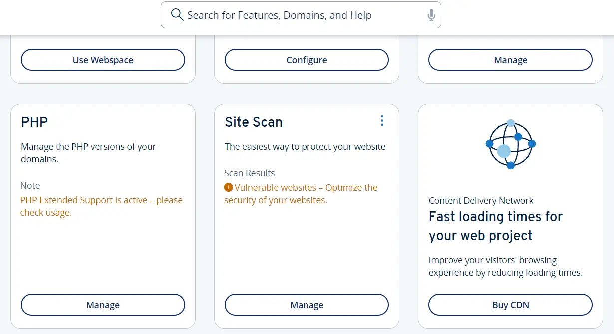 Image: IONOS customer account: PHP option in Hosting dashboard