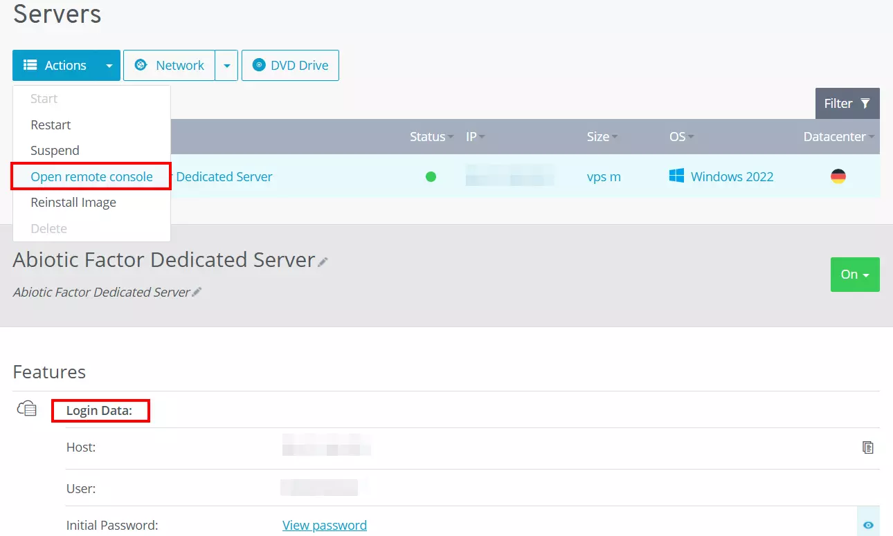 Image: Opening the IONOS remote console