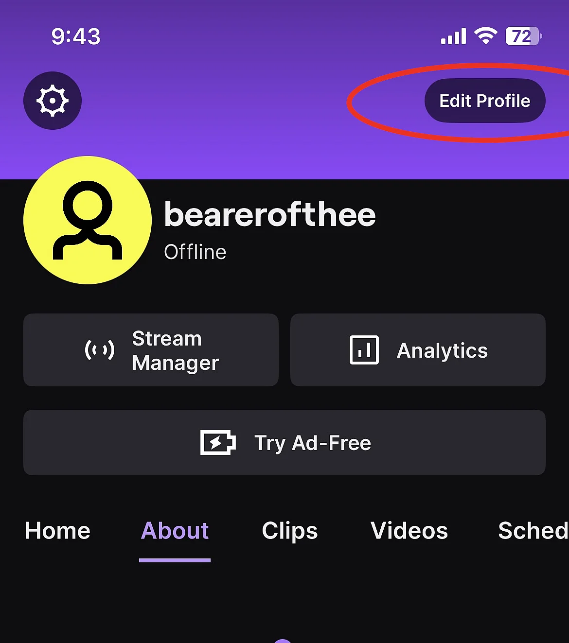 Image: Menu under the profile picture on Twitch