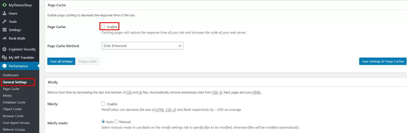 Image: W3 Total Cache: option for enabling/disabling caching