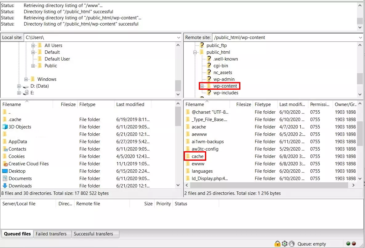 Image: Deleting the WP cache via FTP