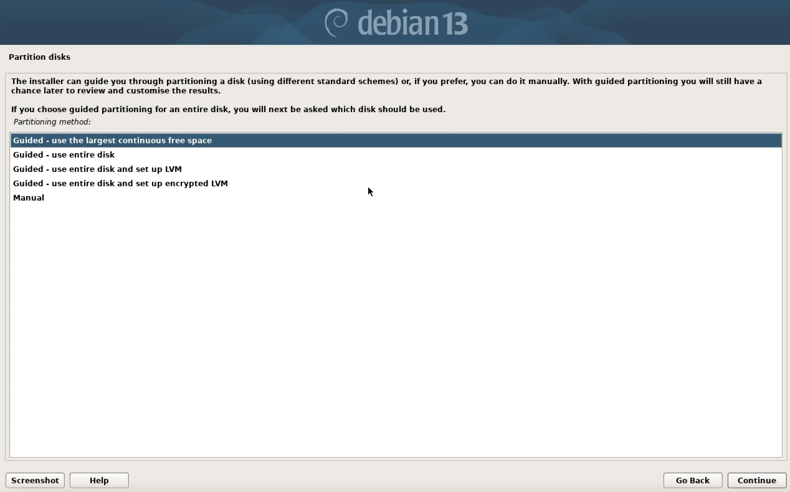 Image: Screenshot of Debian 13 installation: Partitioning Method