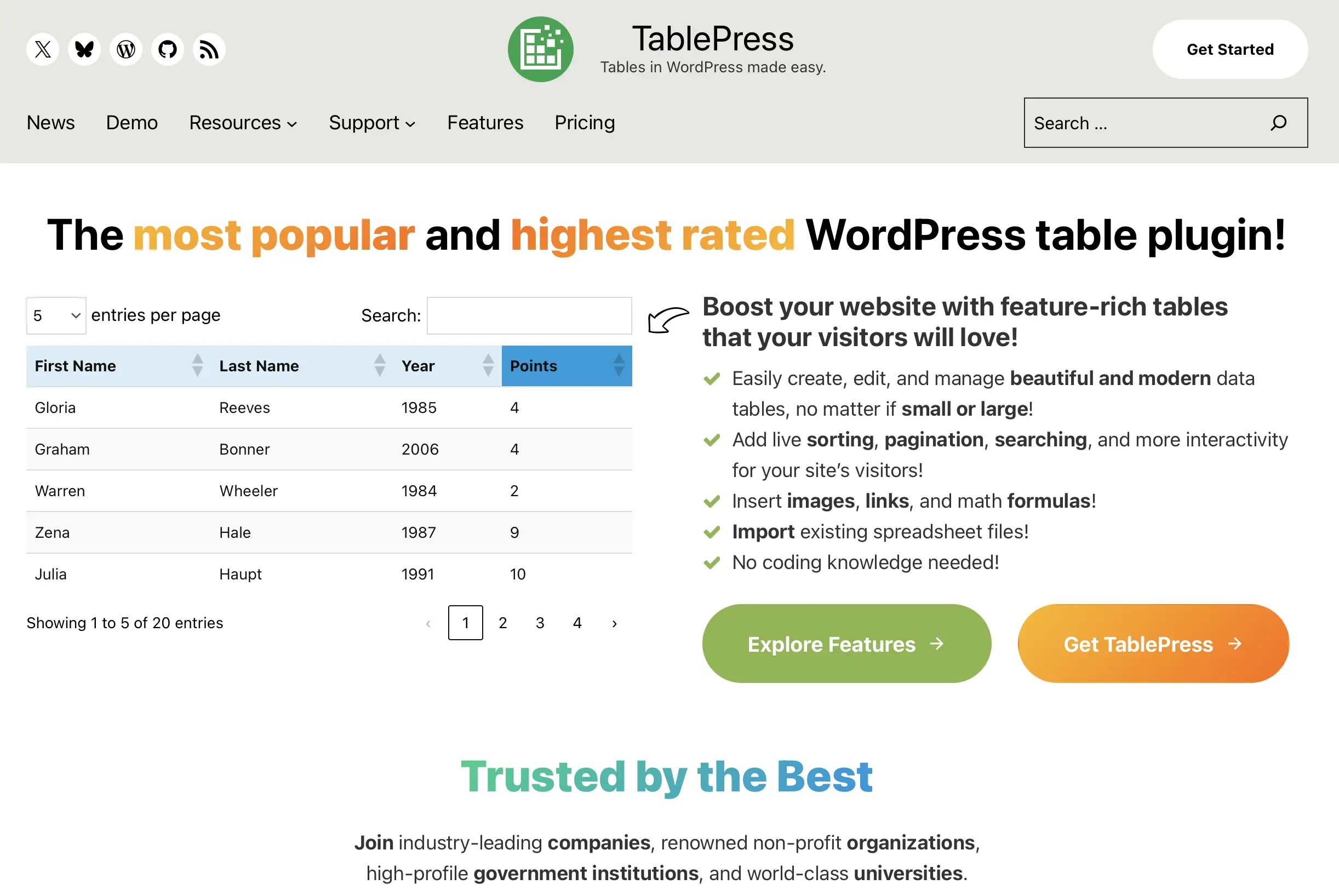 Image: Website of the WordPress plugin TablePress