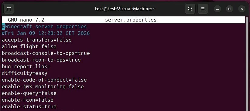 Minecraft server on Linux default configuration in server.properties Image: Minecraft server on Linux default configuration in server.properties