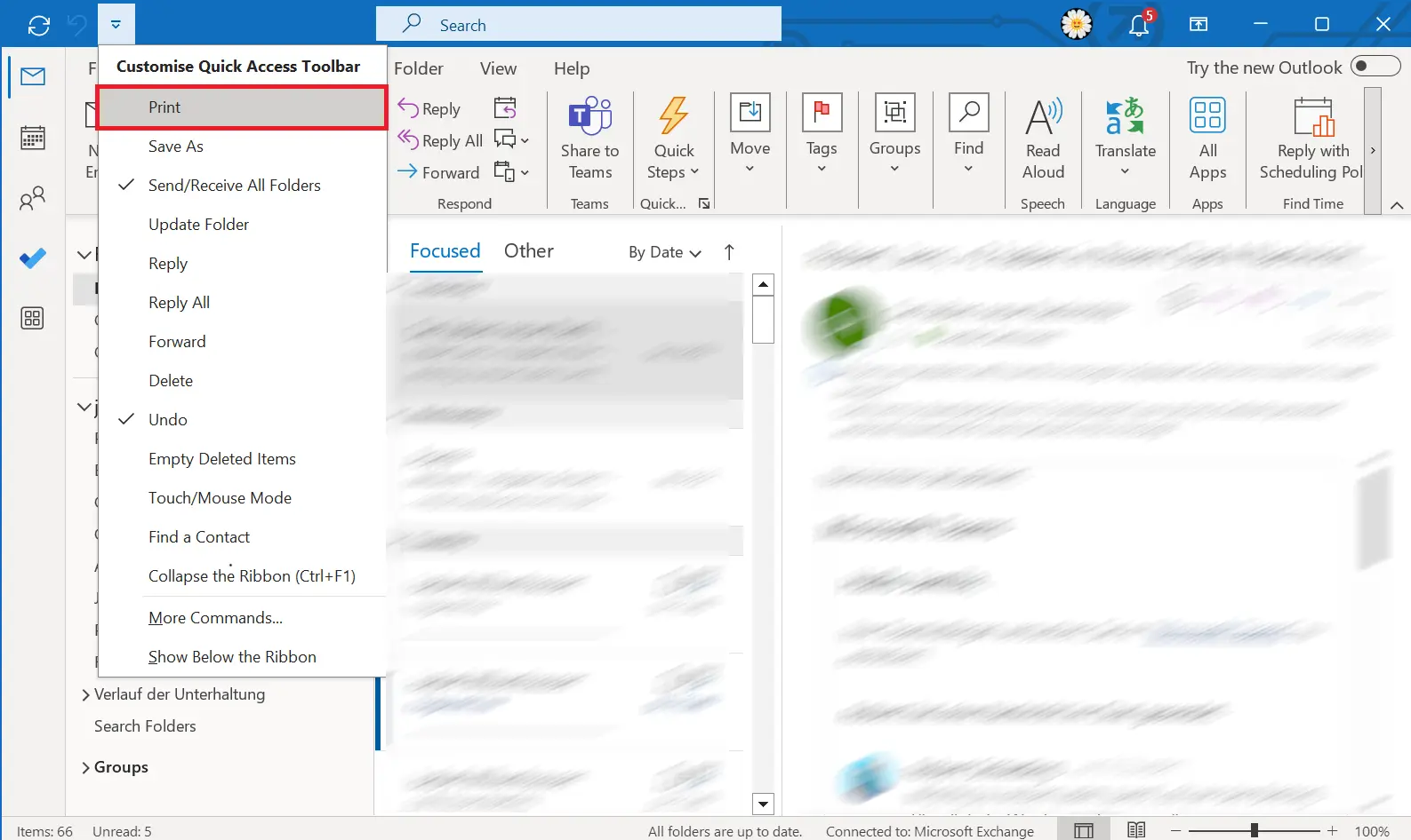 Image: Outlook icon and dialog window ‘Customize quick access toolbar’