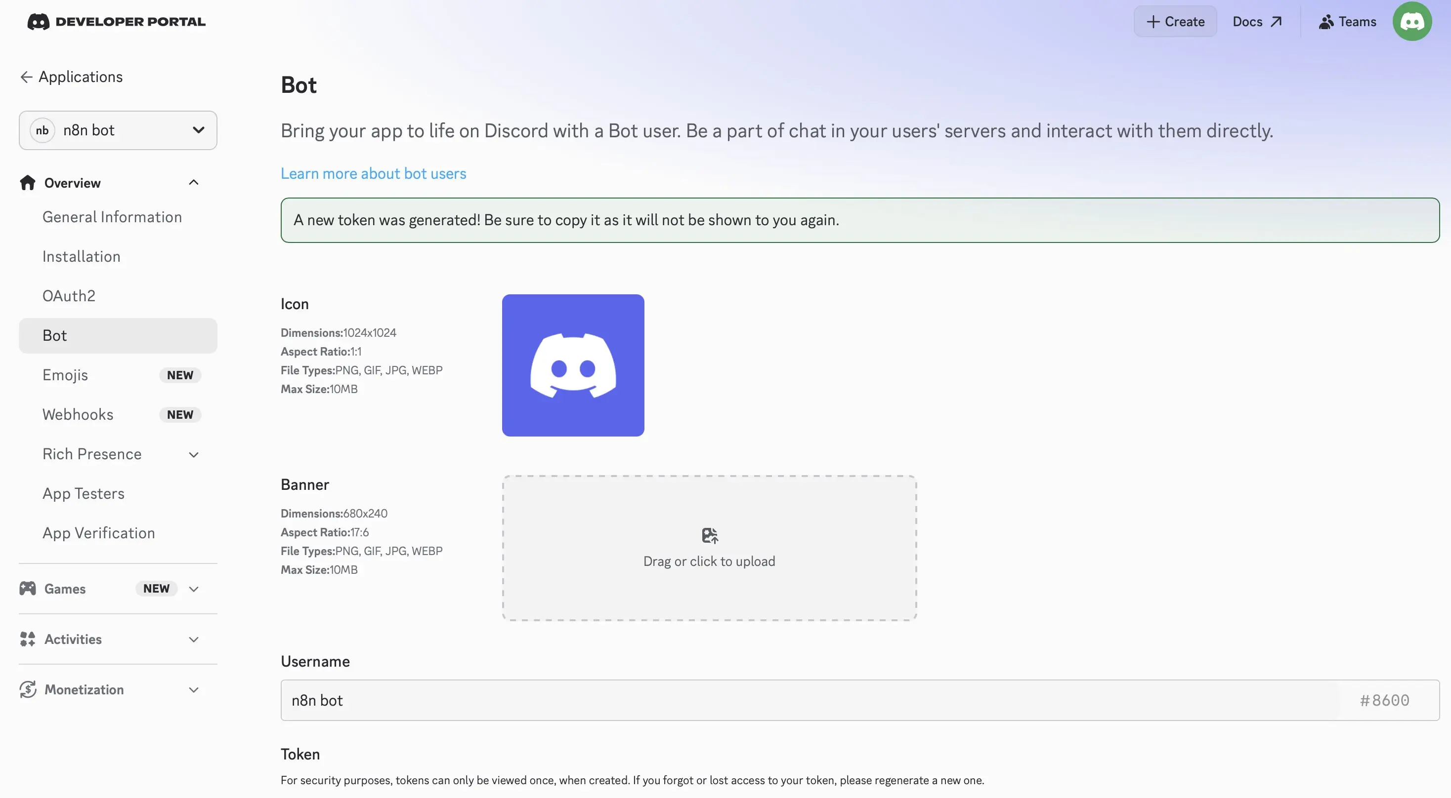 Discord Developer Portal: Create bot Image: Discord Developer Portal: Create bot