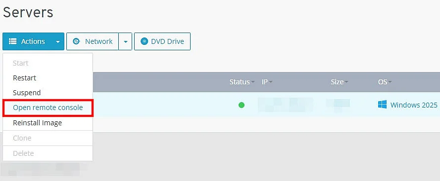Image: IONOS Cloud Panel: ‘Open remote console’