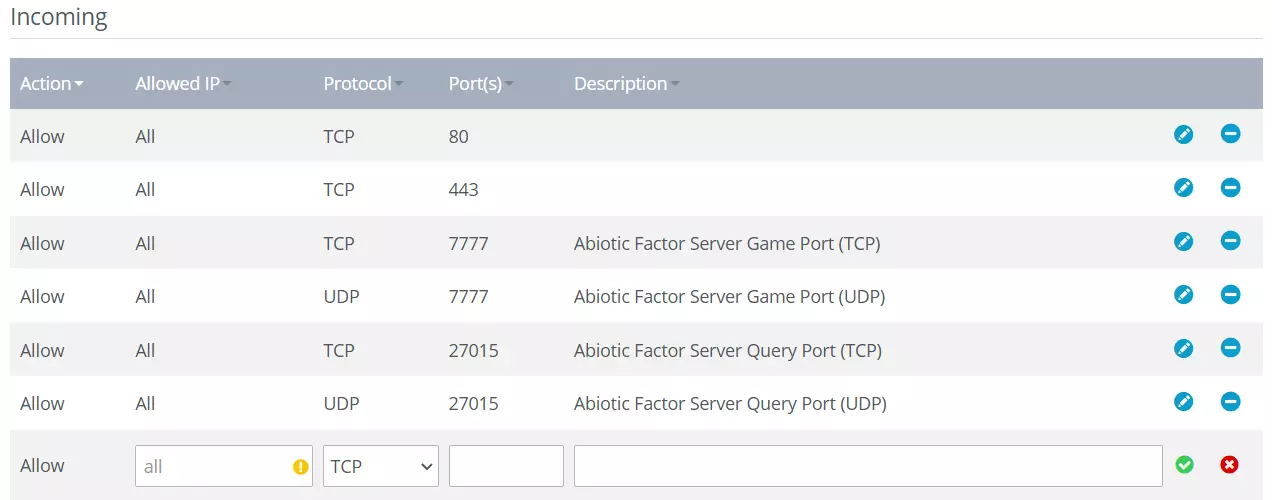 Image: Opening Abiotic Factor server ports in the IONOS Cloud Panel