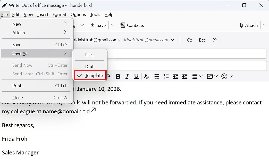 Thunderbird out-of-office: Save text as template Image: Thunderbird out-of-office: Save text as template