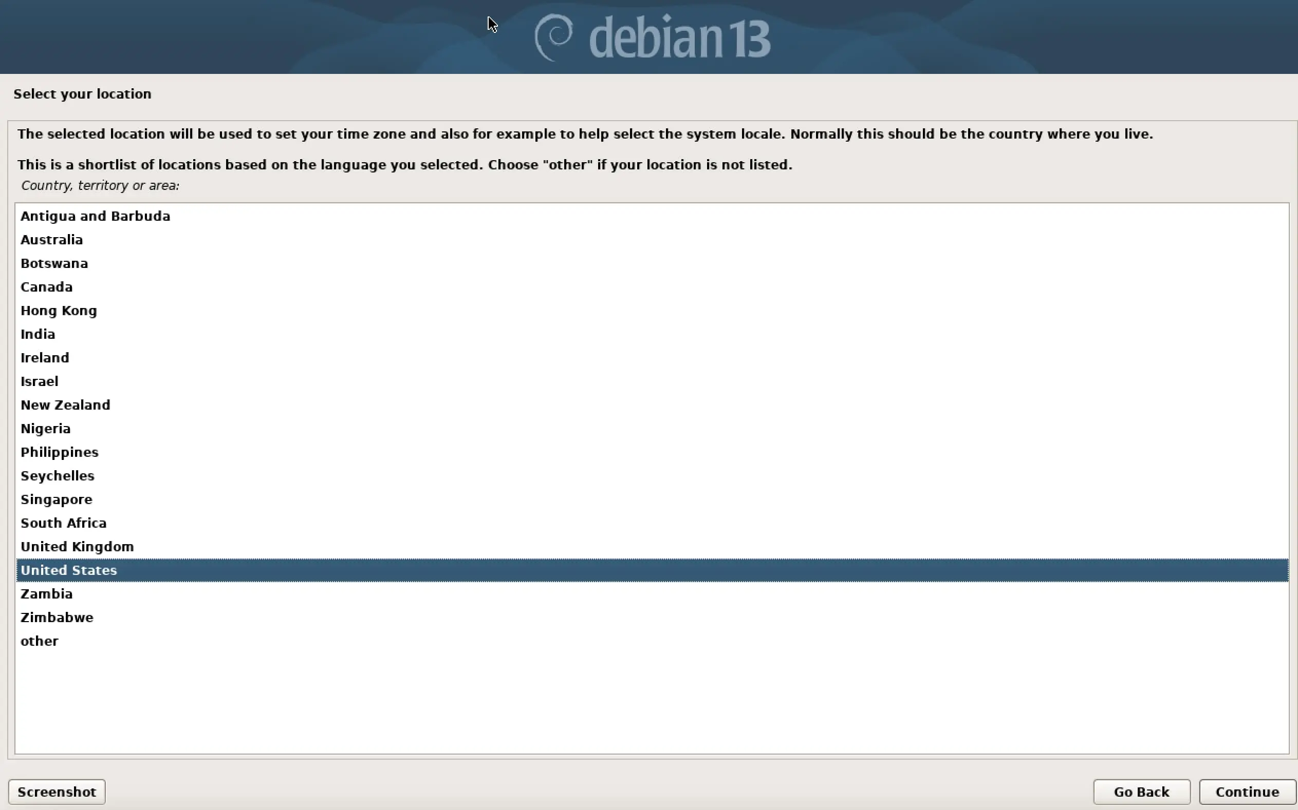 Image: Screenshot of Debian 13 installation: Choose Location
