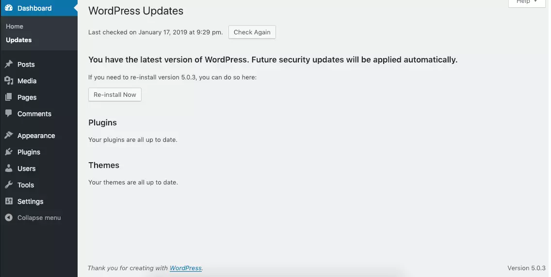 Image: Screenshot of WordPress dashboards after an update