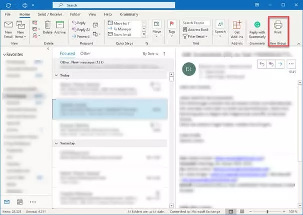 Image: Outlook ribbon with ‘Print’ command