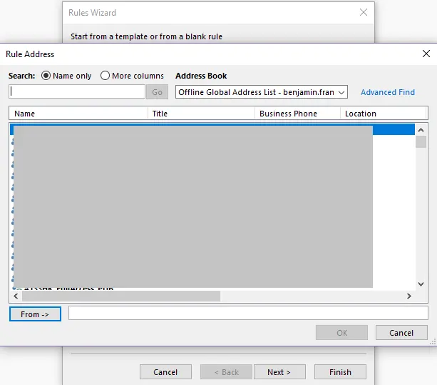 Image: Outlook Rules Wizard: Selecting addresses