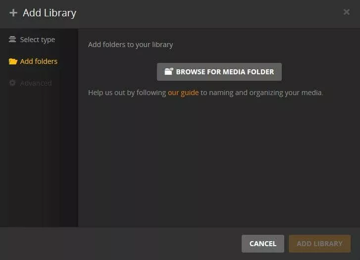 Image: Plex web interface: Add files to library