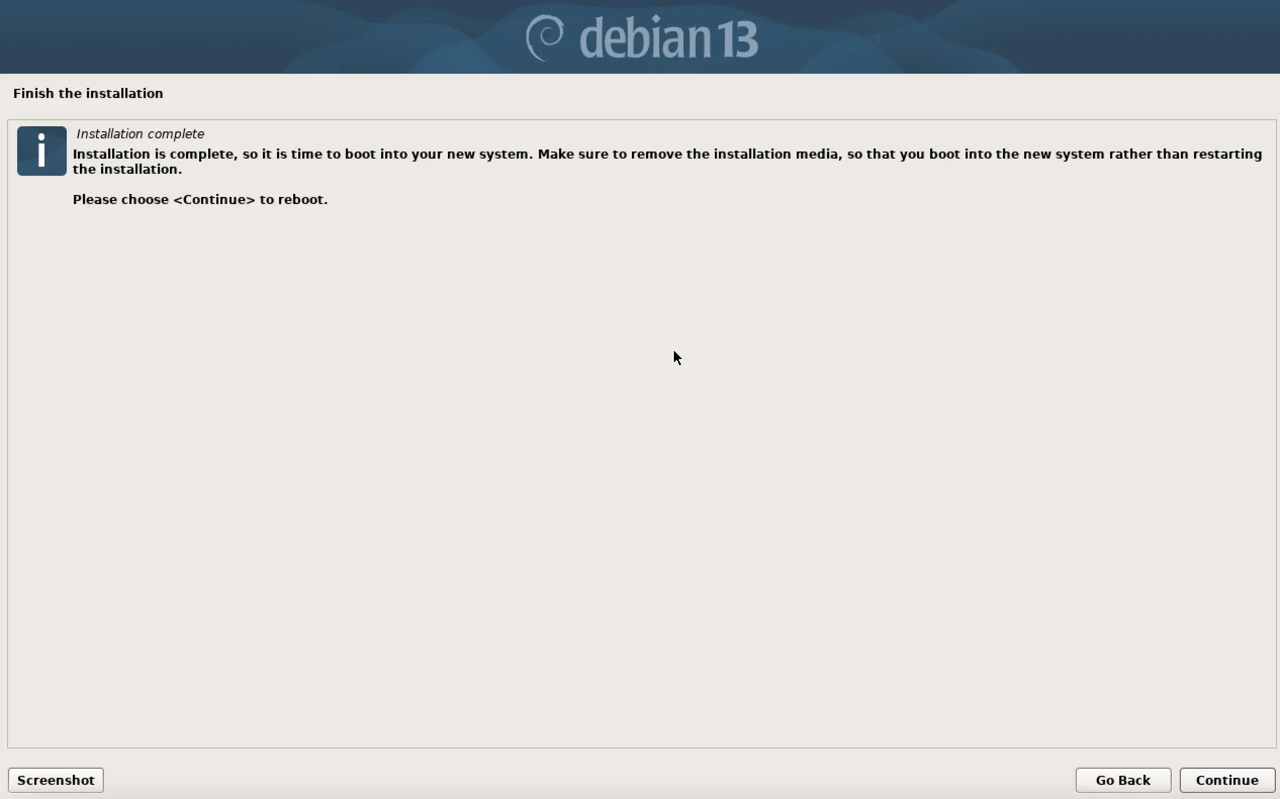 Image: Screenshot of Debian 13 Install: Finish the Installation
