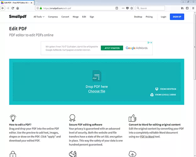 Screenshot of the Smallpdf website on which a PDF file can be edited online.