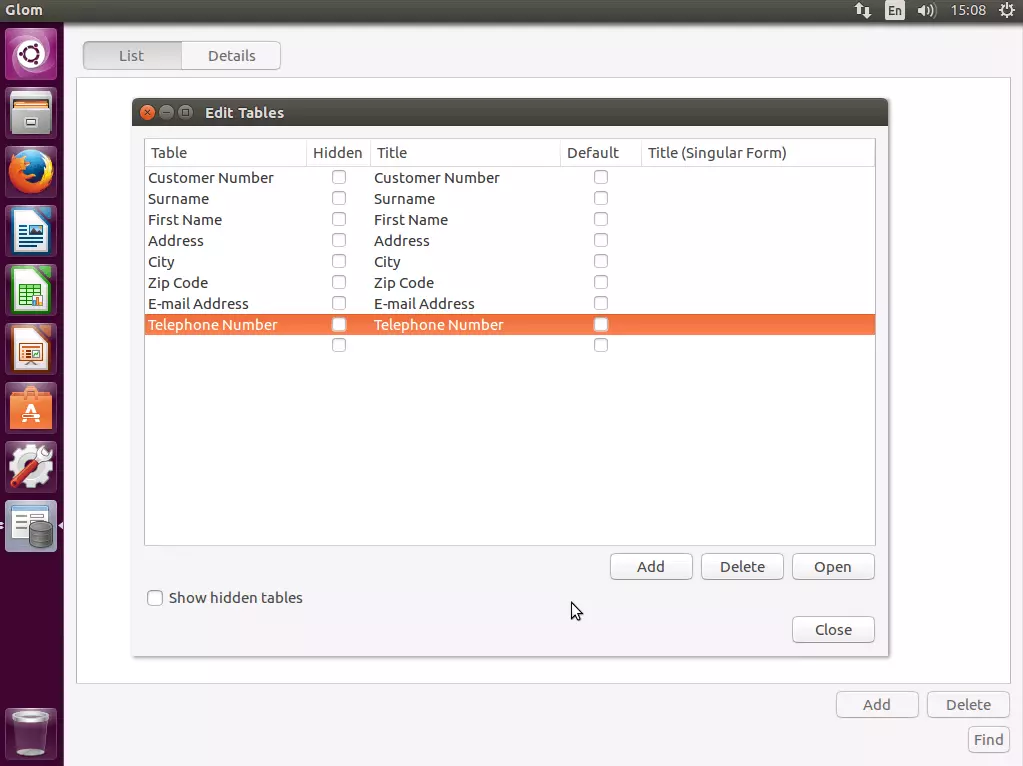 Image: Menu specifying database fields in Glom