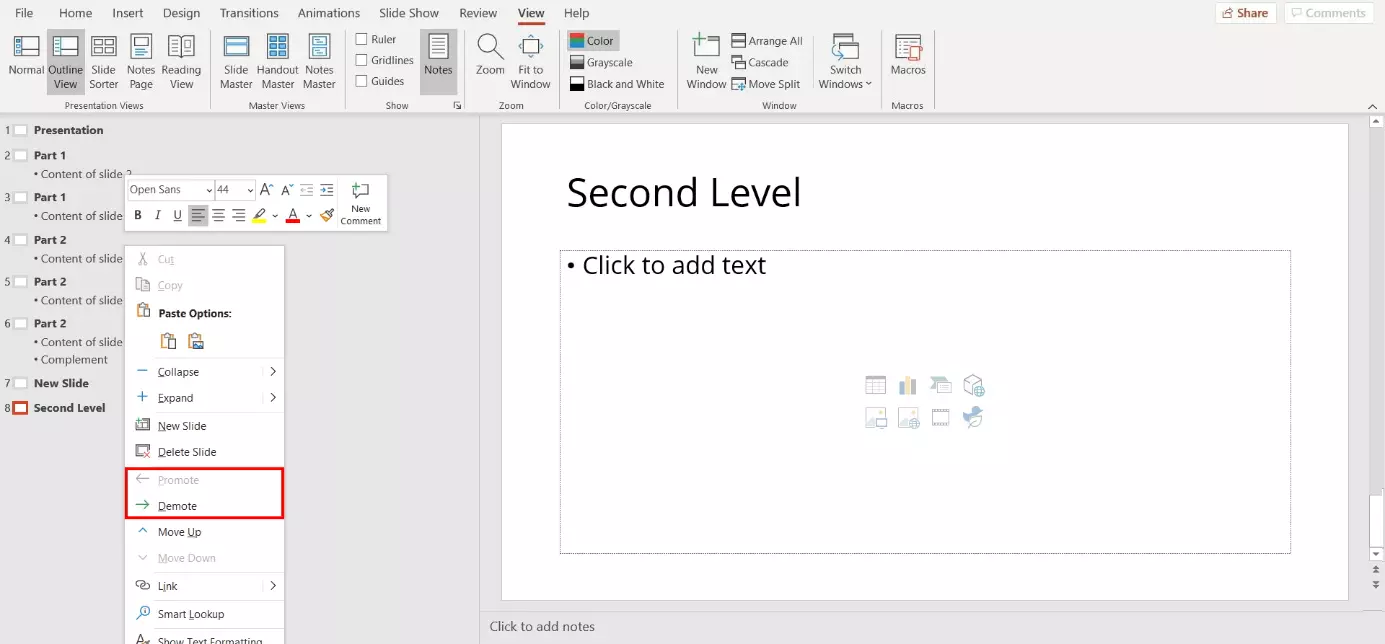 Image: Outline view in PowerPoint: change hierarchy