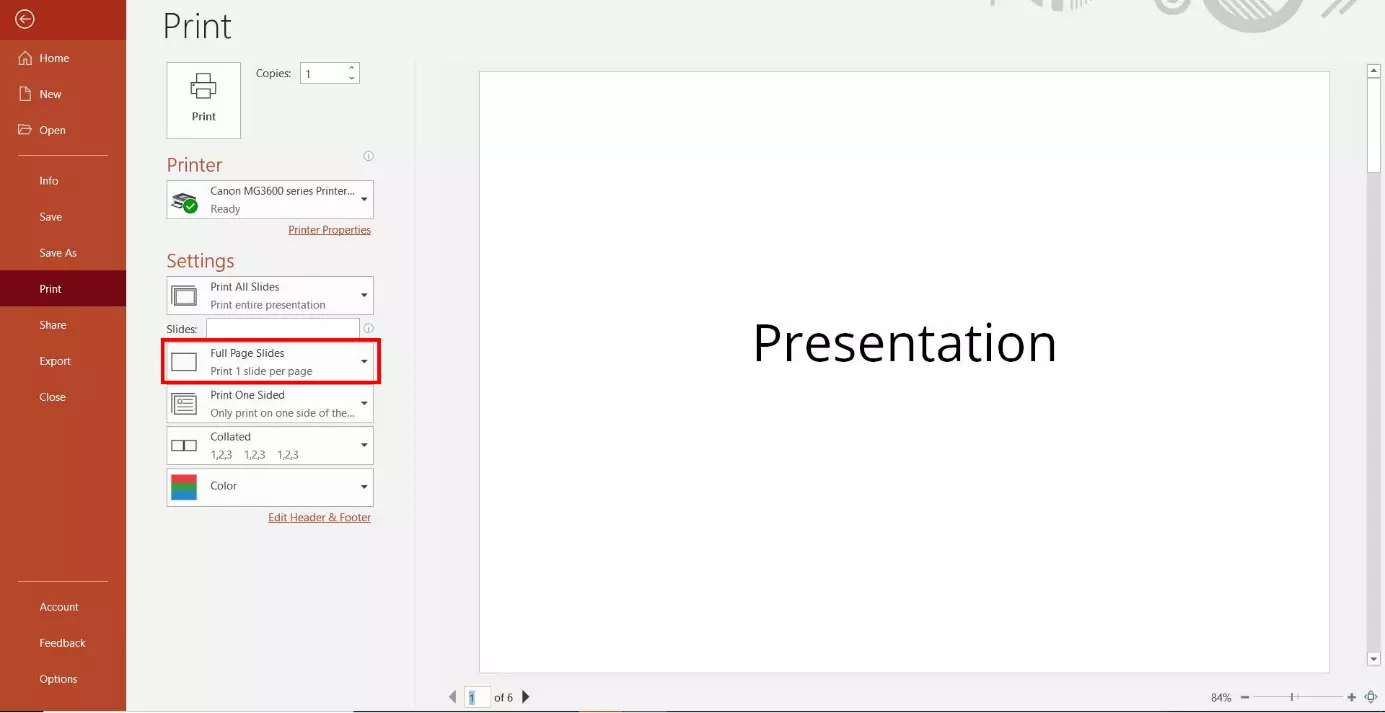 Image: PowerPoint print settings