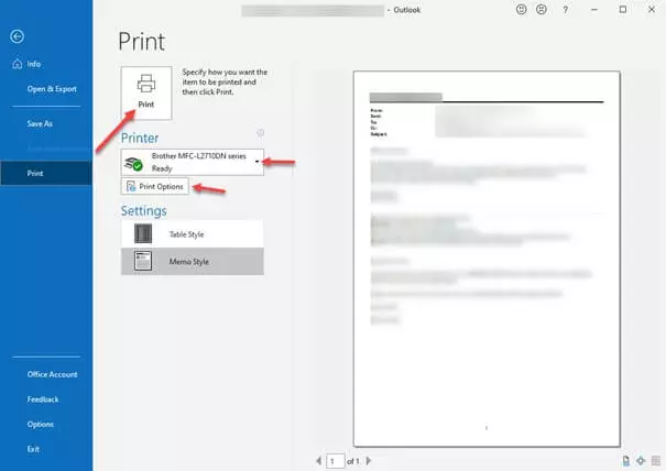 Image: Outlook ‘Print’ window: print button (left) and preview of the email (right)