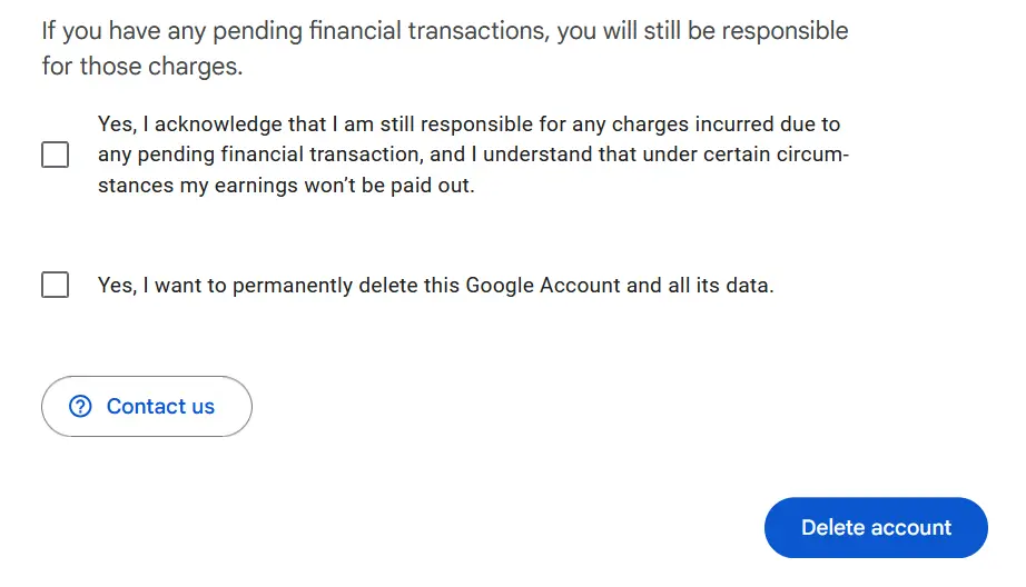 Deleting your Google account: Form for user confirmation Image: Deleting your Google account: Form for user confirmation