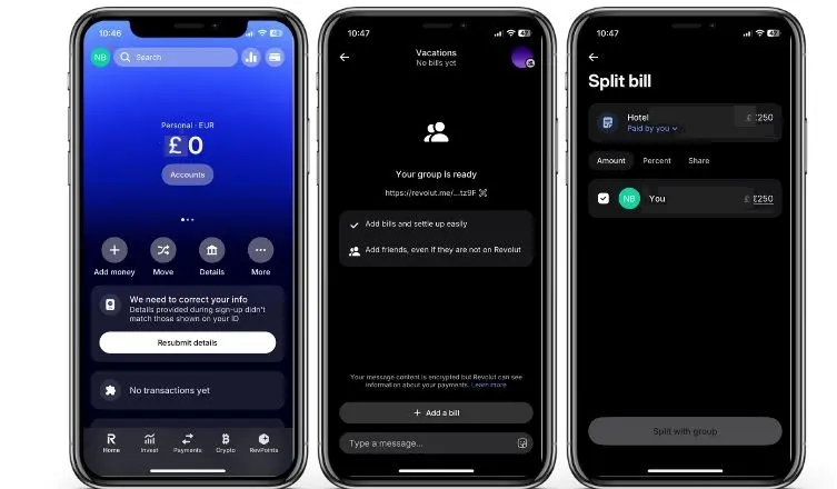 Image: Screenshots of the Revolut app