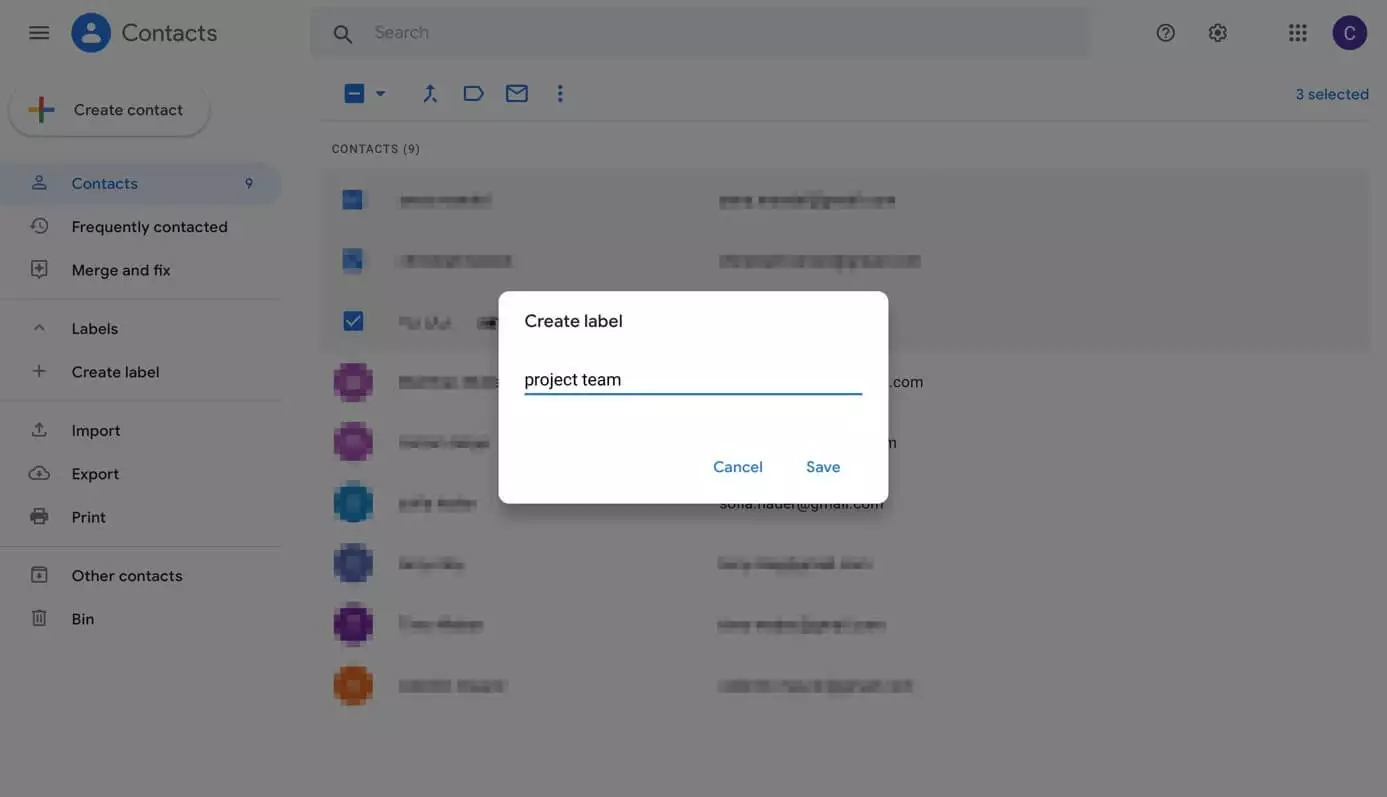 Image: Google Contacts: “Create label” dialog box